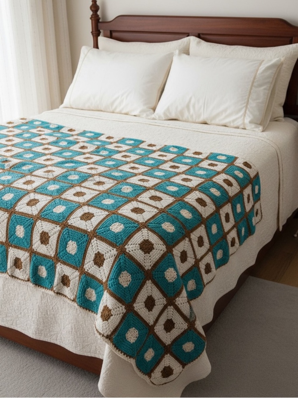 Vintage 70s Squar Granny Afghan Crochet Blanket Bedspread 107X102 inches Throw